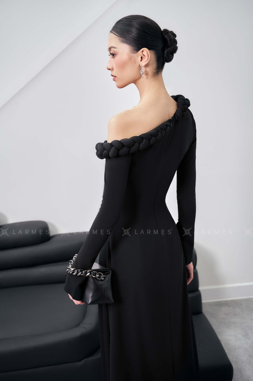 Gwen A - line Asymmetric Shoulder Cotton Spandex Midi Dress - LARMES