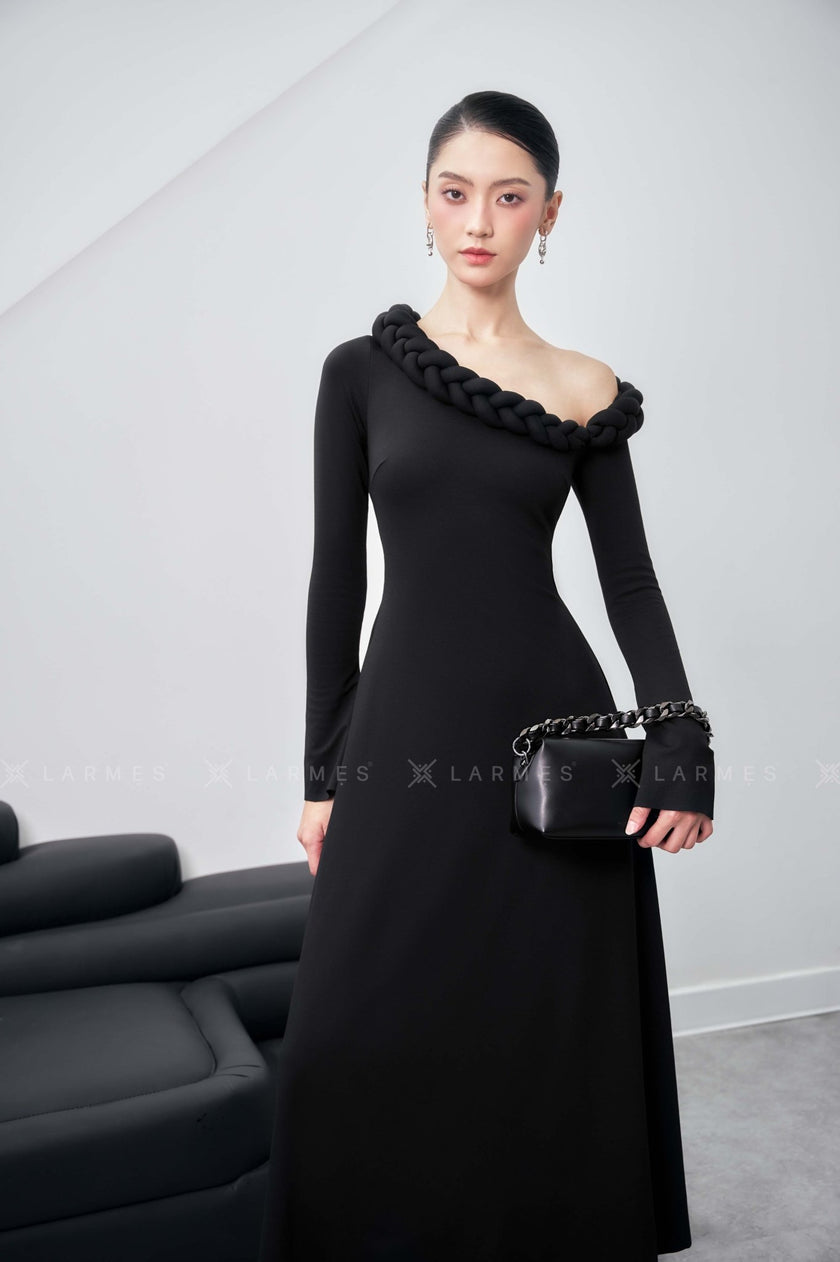 Gwen A - line Asymmetric Shoulder Cotton Spandex Midi Dress - LARMES