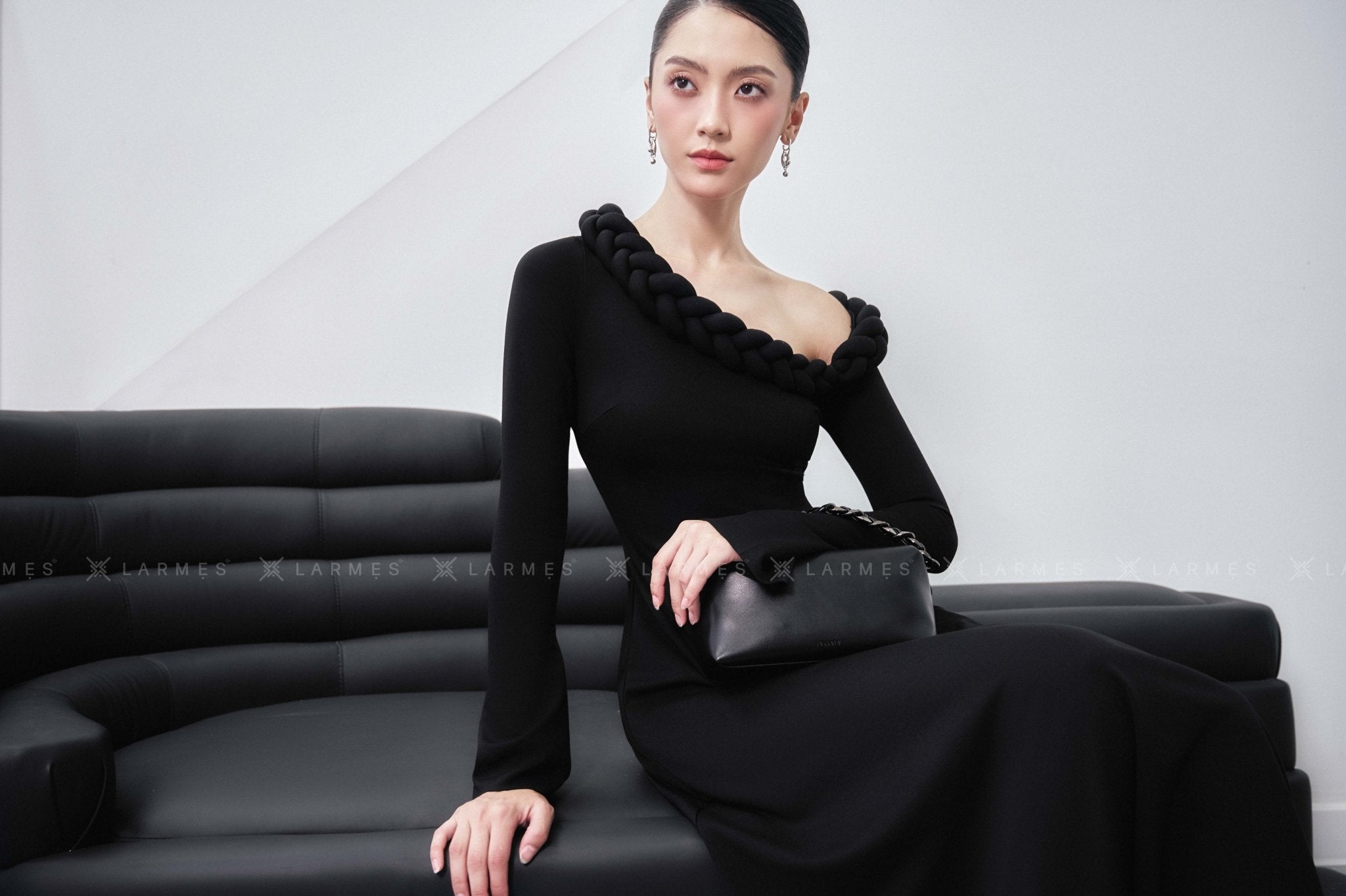 Gwen A - line Asymmetric Shoulder Cotton Spandex Midi Dress - LARMES