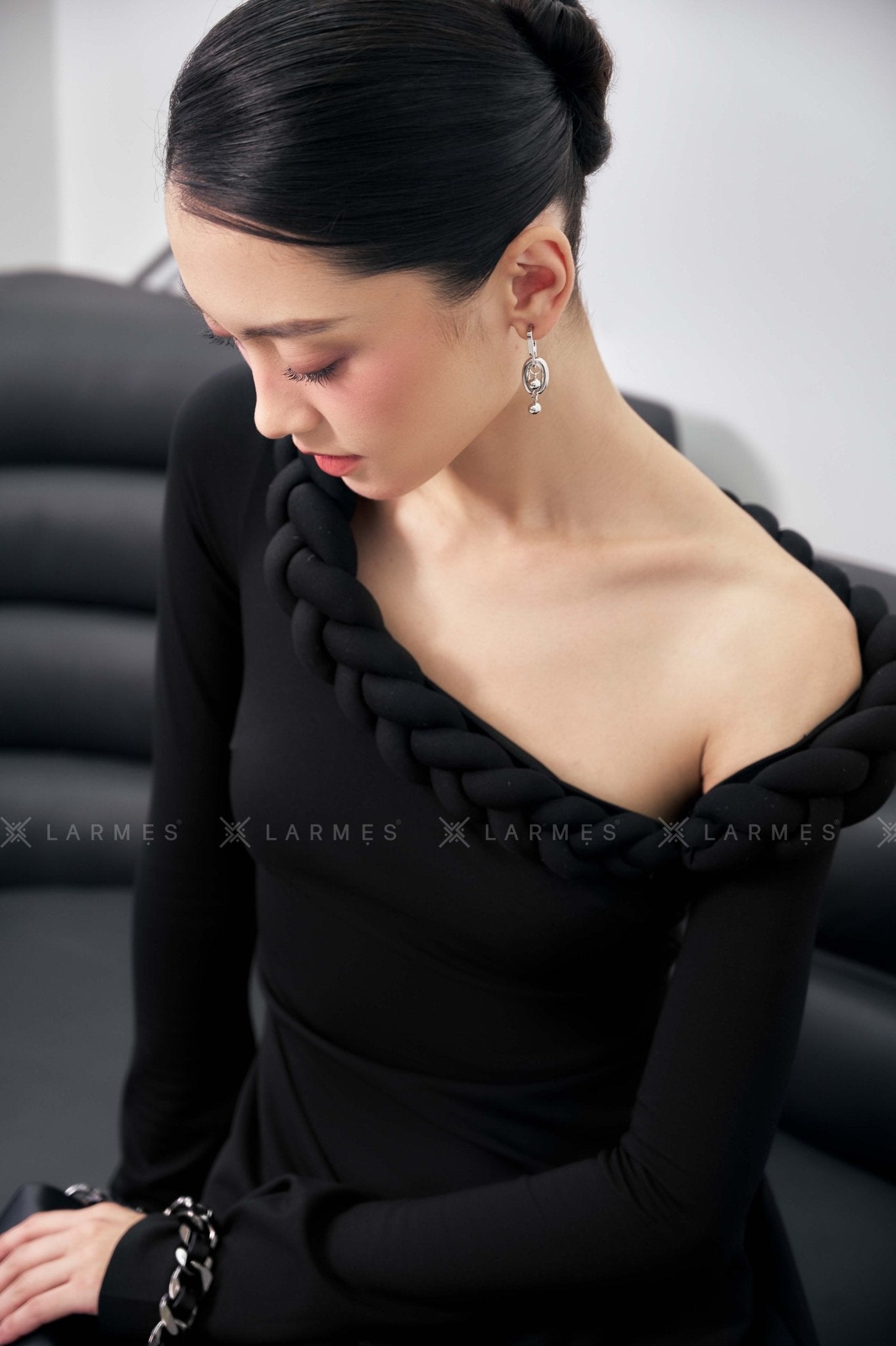 Gwen A - line Asymmetric Shoulder Cotton Spandex Midi Dress - LARMES