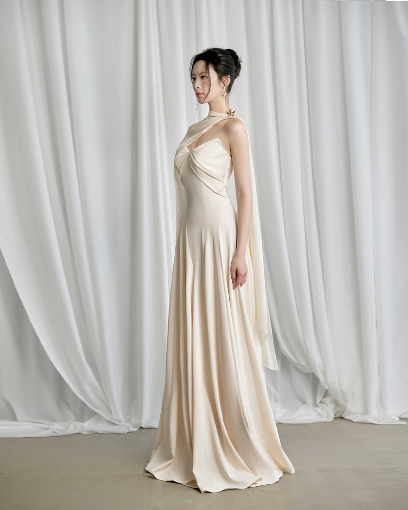 Habiba A - line Cape Sleeved Twill Silk Floor Length Dress - LARMES