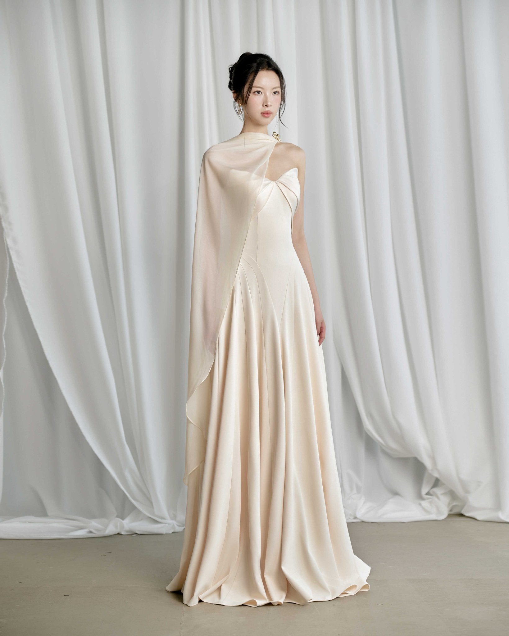 Habiba A - line Cape Sleeved Twill Silk Floor Length Dress - LARMES