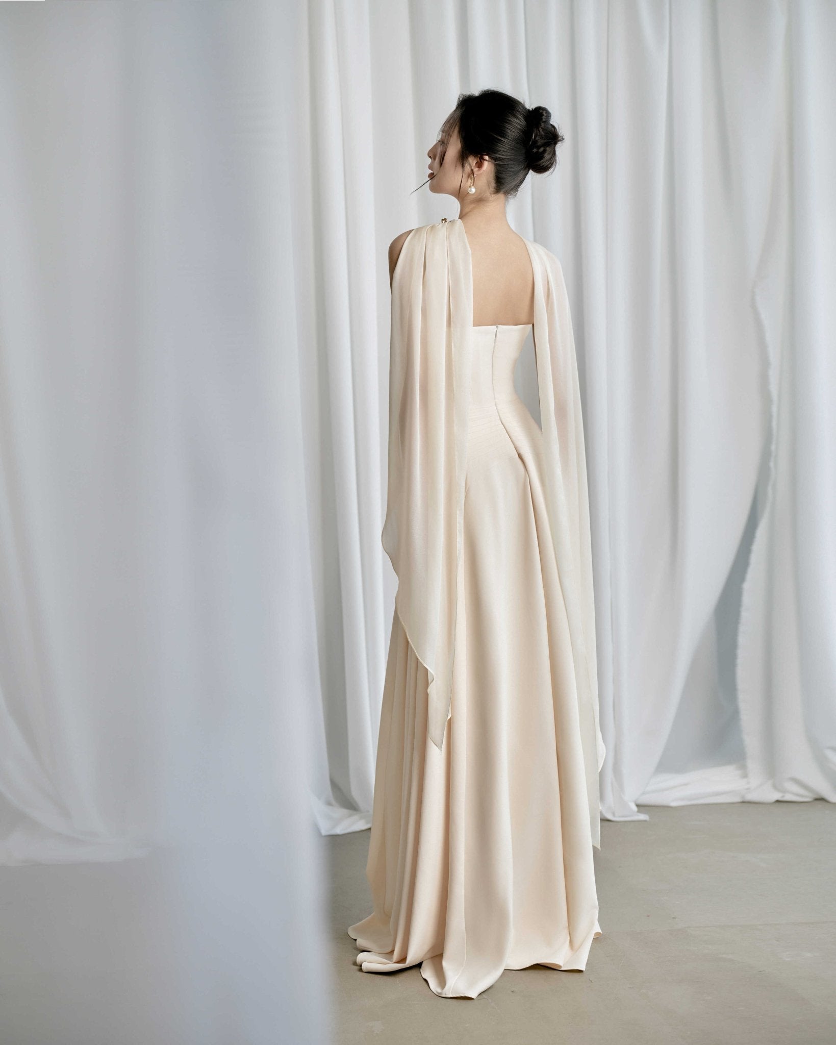 Habiba A - line Cape Sleeved Twill Silk Floor Length Dress - LARMES