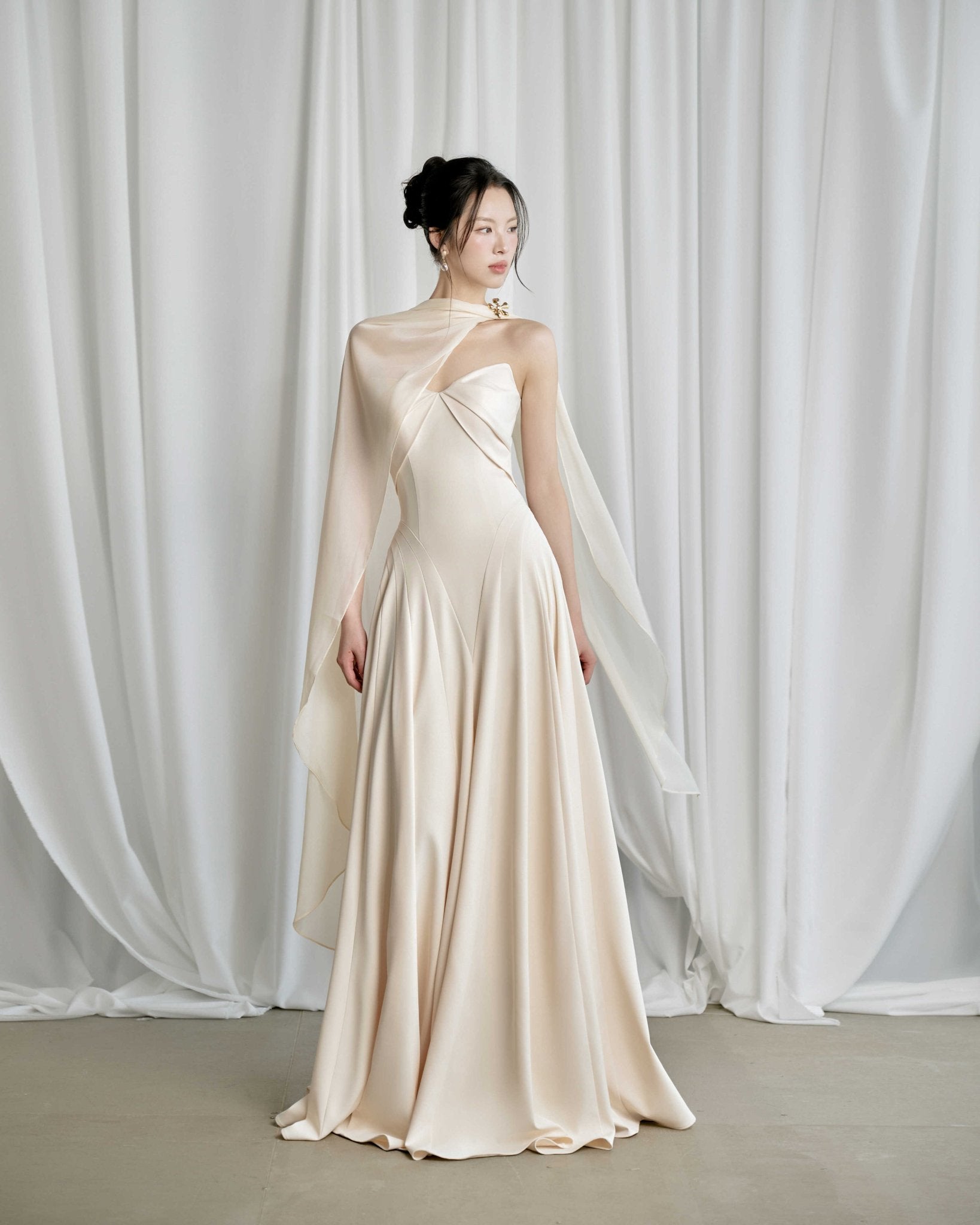 Habiba A - line Cape Sleeved Twill Silk Floor Length Dress - LARMES