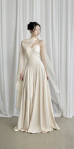 Habiba A - line Cape Sleeved Twill Silk Floor Length Dress - LARMES