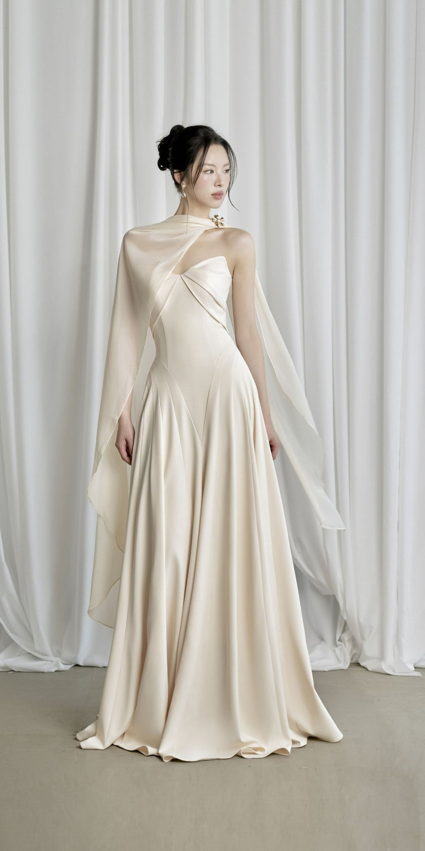 Habiba A - line Cape Sleeved Twill Silk Floor Length Dress - LARMES
