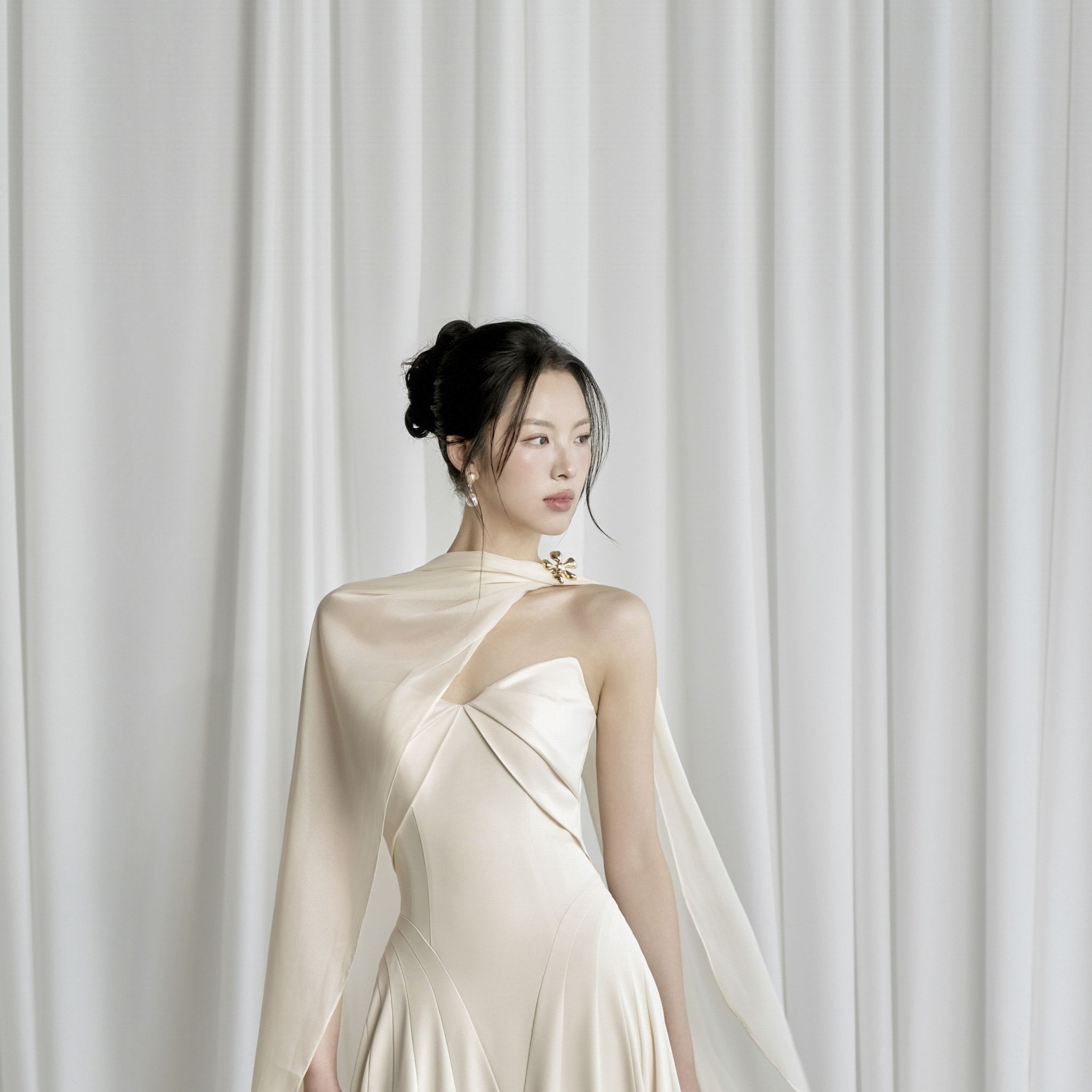 Habiba A - line Cape Sleeved Twill Silk Floor Length Dress - LARMES