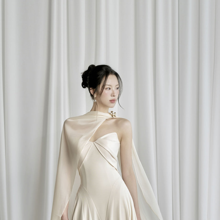 Habiba A - line Cape Sleeved Twill Silk Floor Length Dress - LARMES