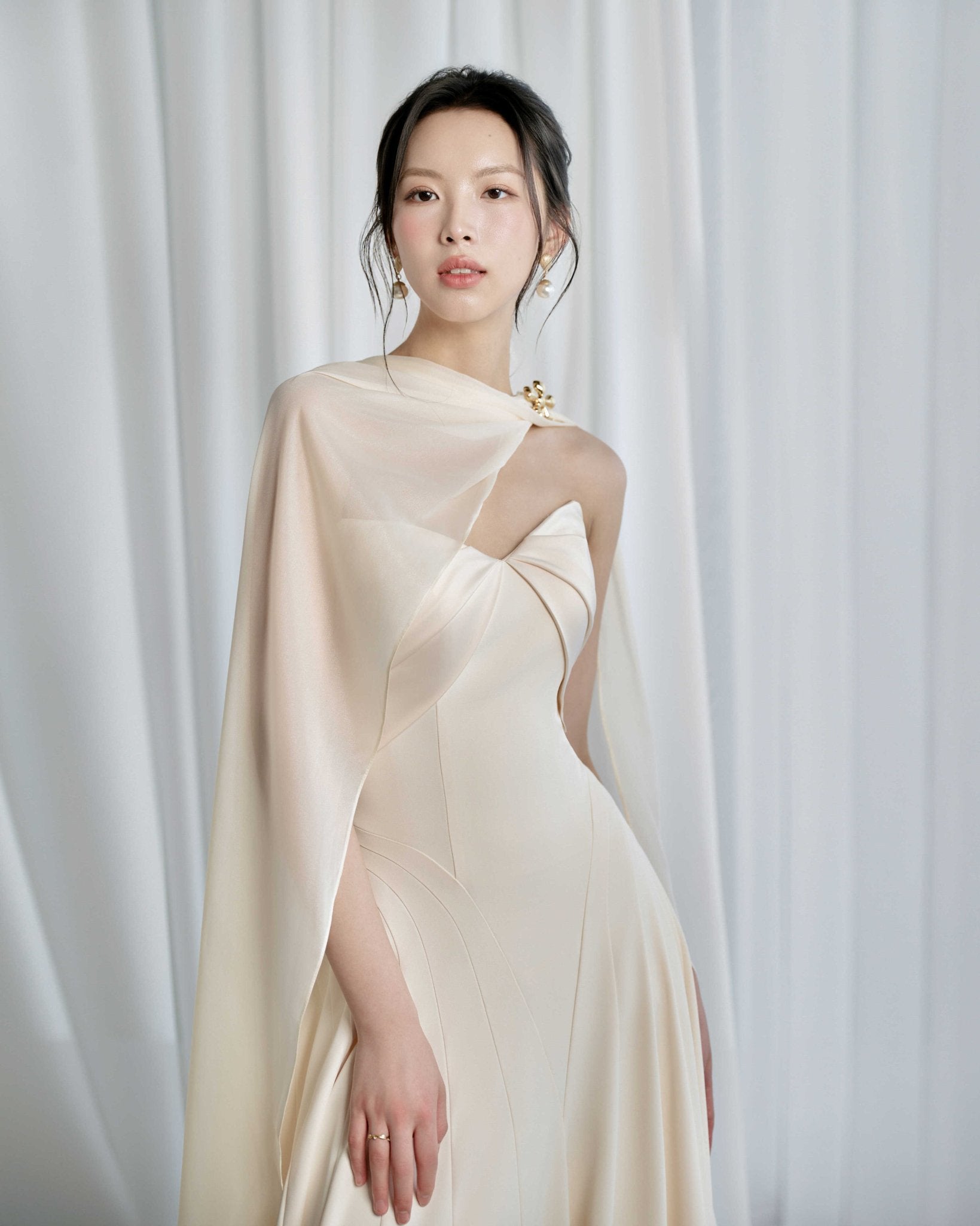 Habiba A - line Cape Sleeved Twill Silk Floor Length Dress - LARMES