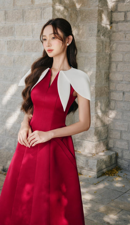 Hadid A - line V - Neck Silk Satin Midi Dress - LARMES