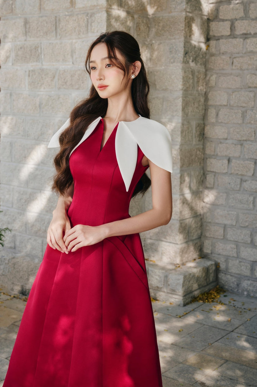 Hadid A - line V - Neck Silk Satin Midi Dress - LARMES