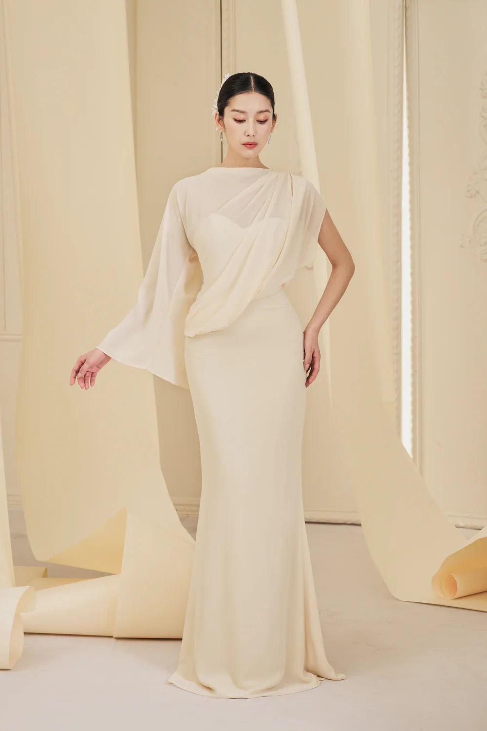 Hattie Sheath Asymmetric Sleeved Chiffon Floor Length Dress - LARMES