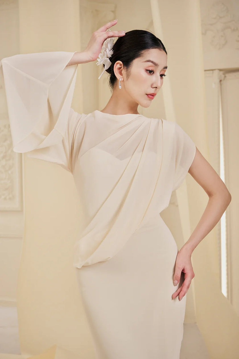Hattie Sheath Asymmetric Sleeved Chiffon Floor Length Dress - LARMES