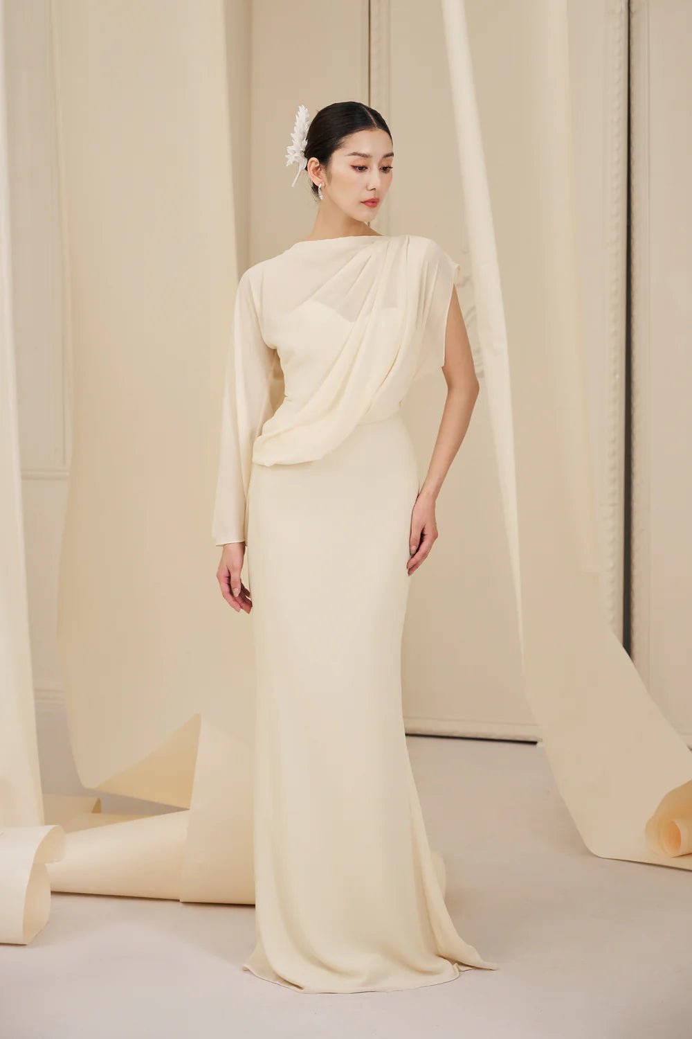 Hattie Sheath Asymmetric Sleeved Chiffon Floor Length Dress - LARMES