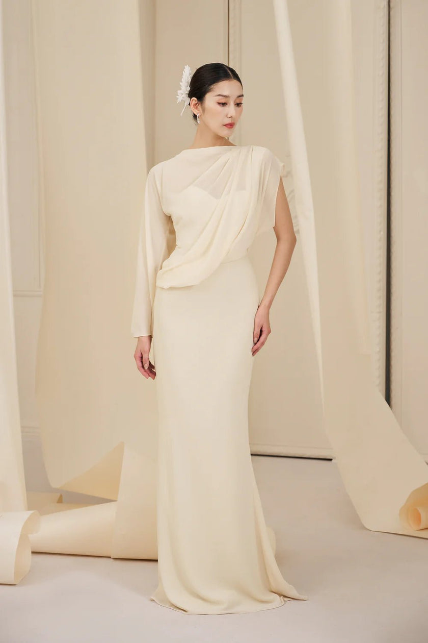 Hattie Sheath Asymmetric Sleeved Chiffon Floor Length Dress - LARMES