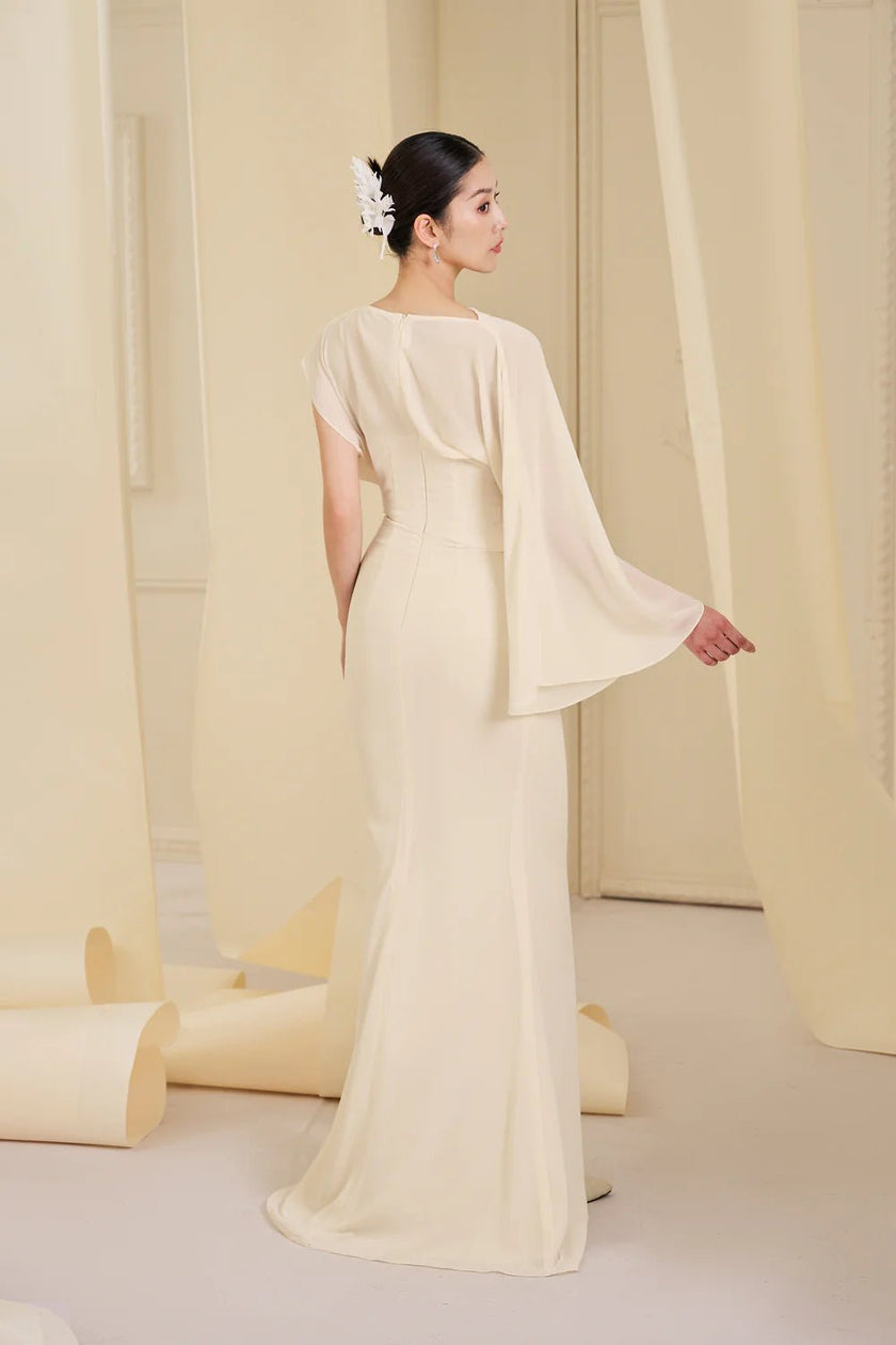Hattie Sheath Asymmetric Sleeved Chiffon Floor Length Dress - LARMES