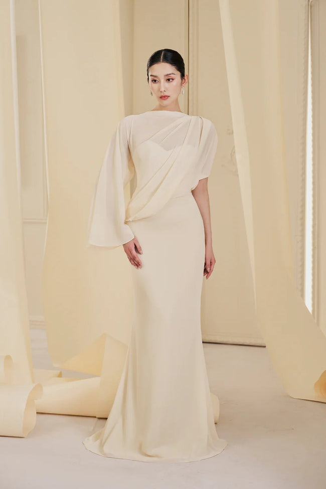 Hattie Sheath Asymmetric Sleeved Chiffon Floor Length Dress - LARMES