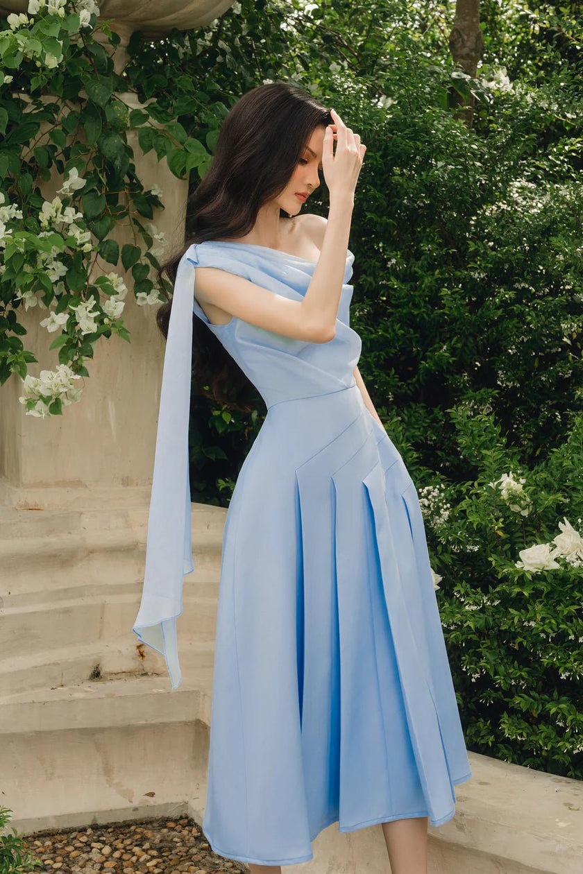 Hazel Pleated Asymmetric Sleeved Organza Voile Midi Dress - LARMES