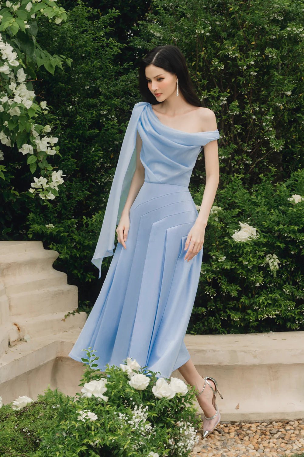 Hazel Pleated Asymmetric Sleeved Organza Voile Midi Dress - LARMES