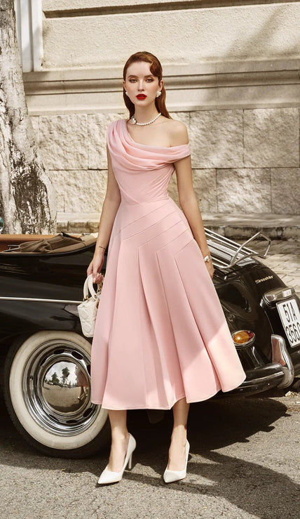 Hazel Pleated Asymmetric Sleeved Organza Voile Midi Dress - LARMES