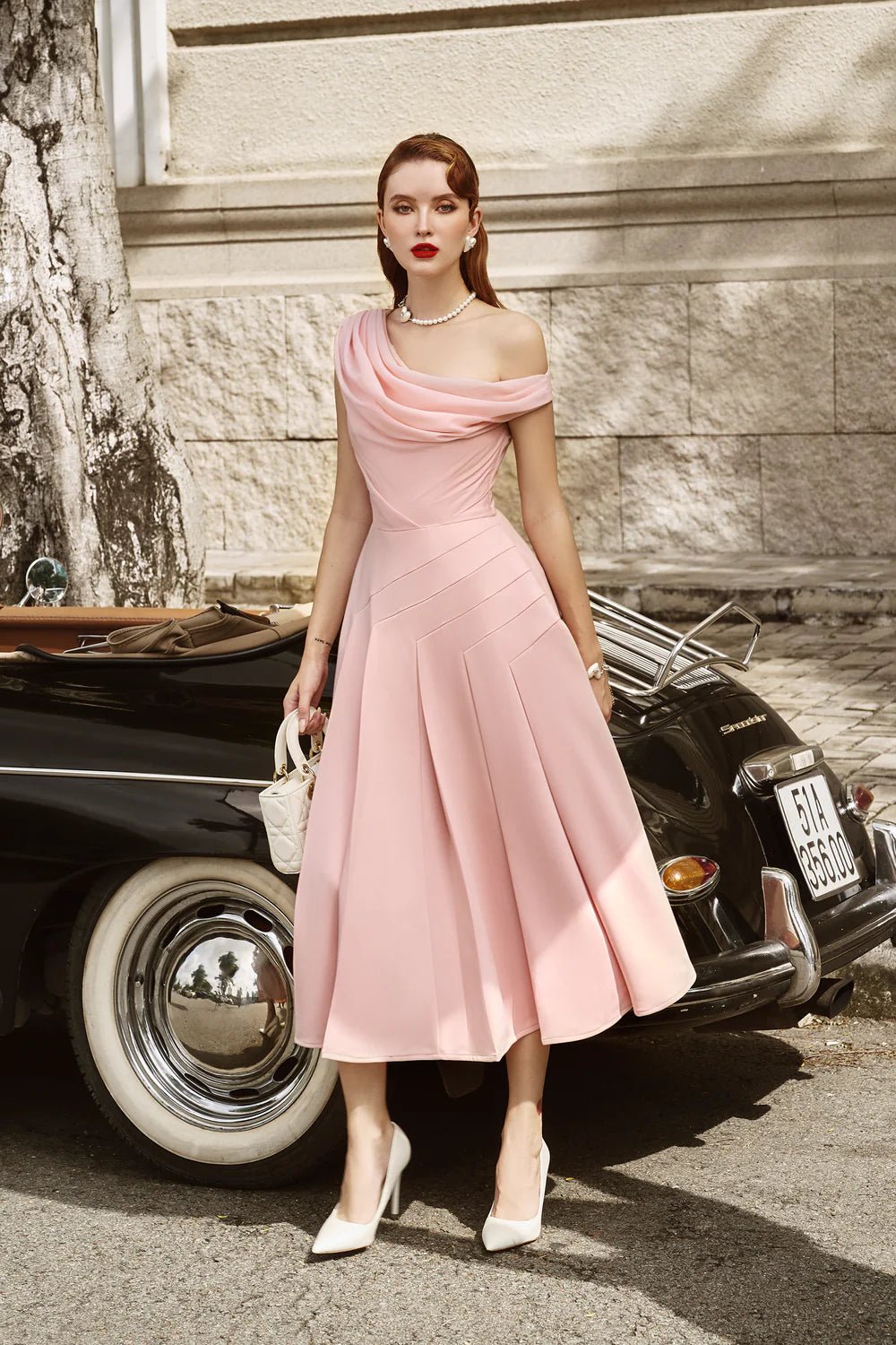 Hazel Pleated Asymmetric Sleeved Organza Voile Midi Dress - LARMES