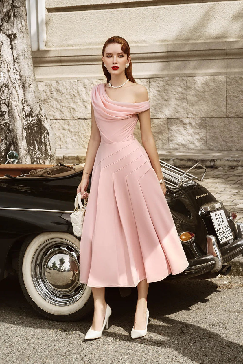 Hazel Pleated Asymmetric Sleeved Organza Voile Midi Dress - LARMES