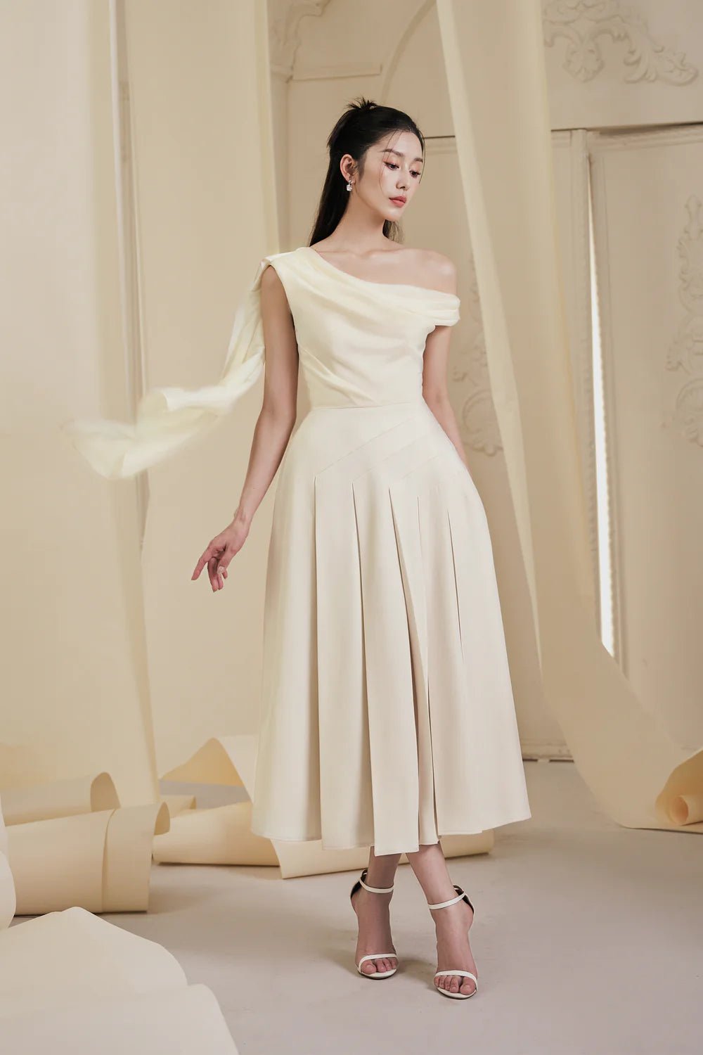 Hazel Pleated Asymmetric Sleeved Organza Voile Midi Dress - LARMES