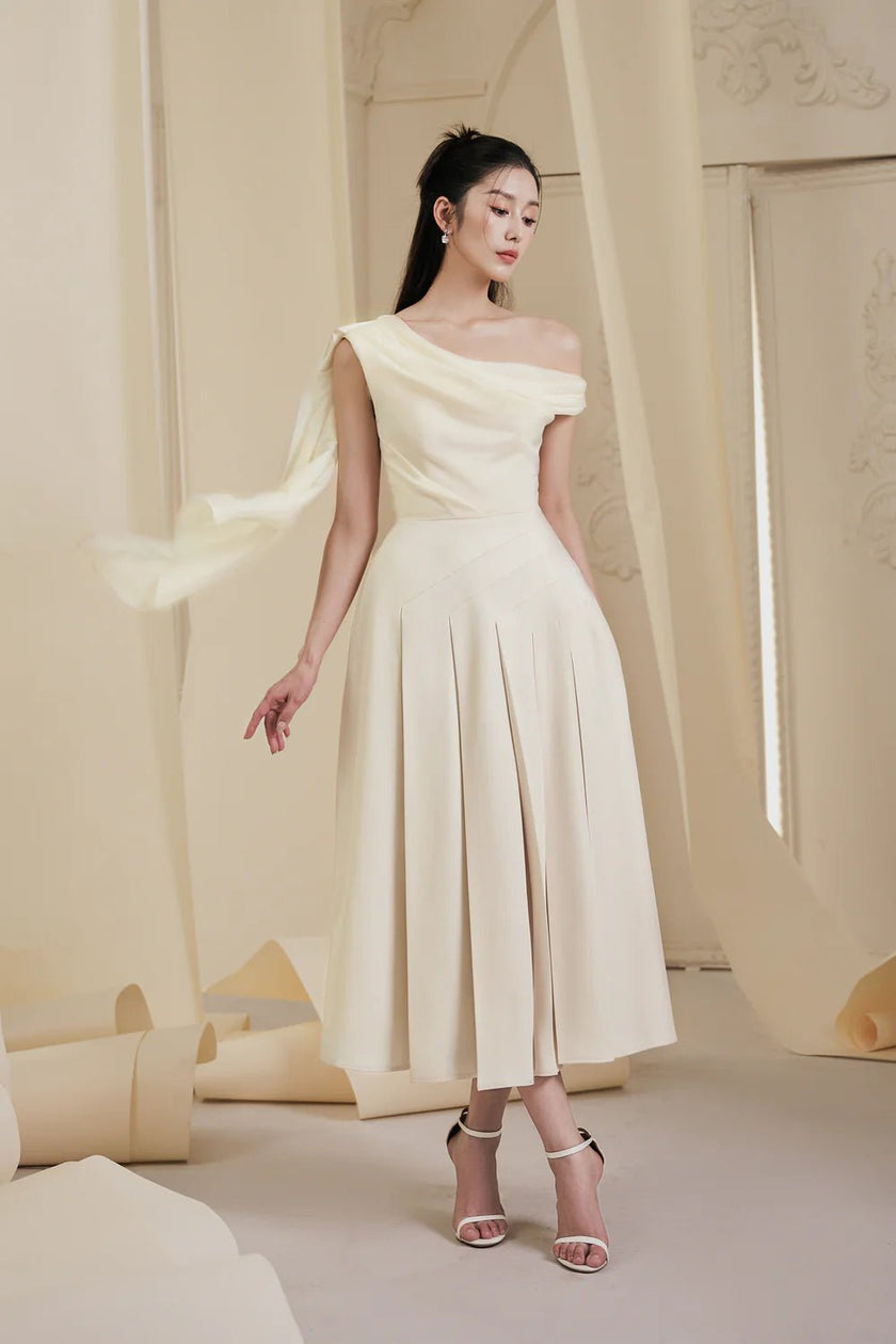 Hazel Pleated Asymmetric Sleeved Organza Voile Midi Dress - LARMES