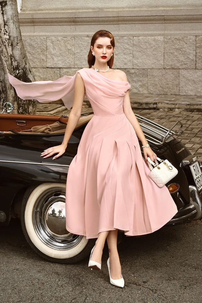 Hazel Pleated Asymmetric Sleeved Organza Voile Midi Dress - LARMES