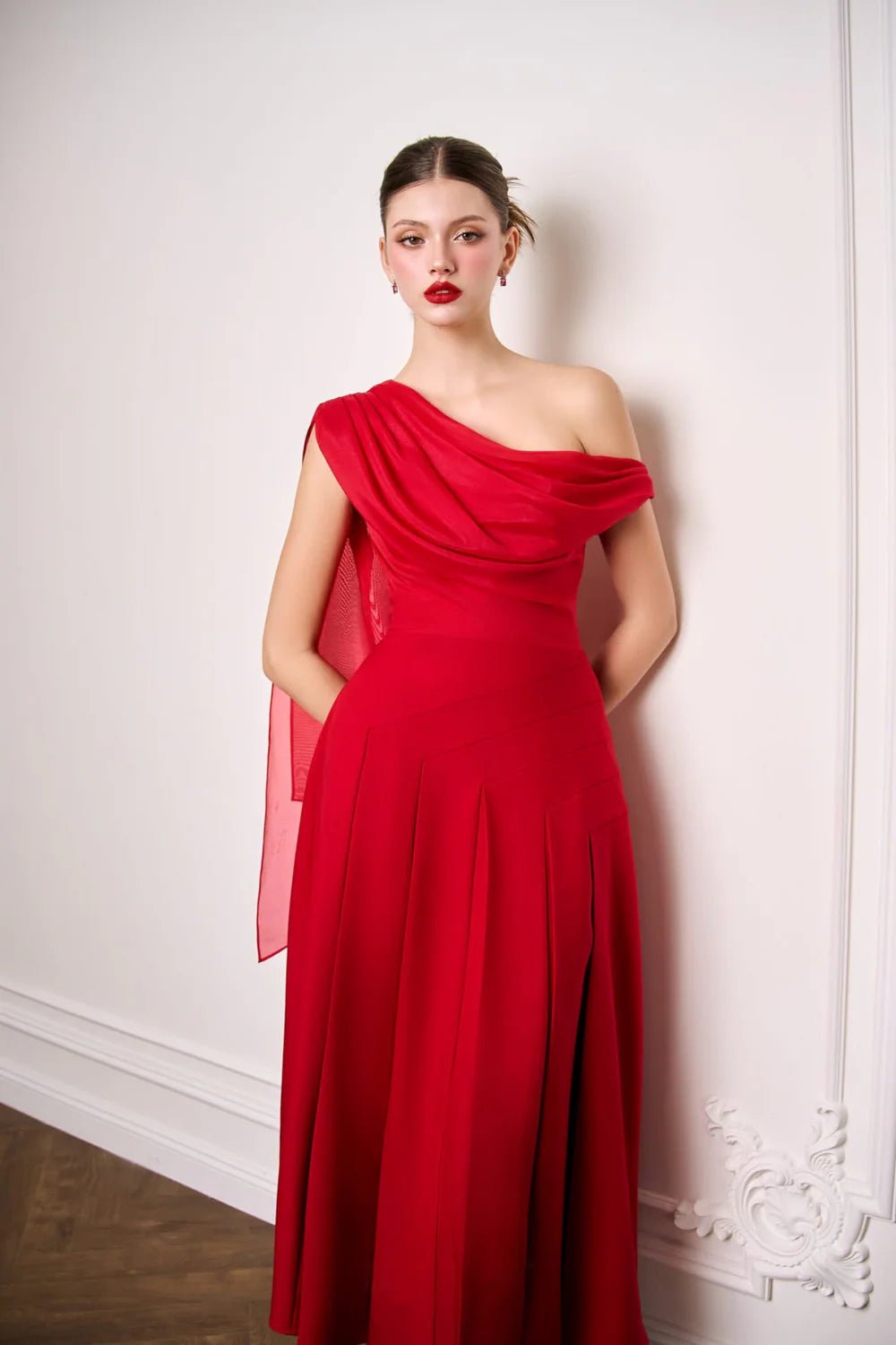 Hazel Pleated Asymmetric Sleeved Organza Voile Midi Dress - LARMES