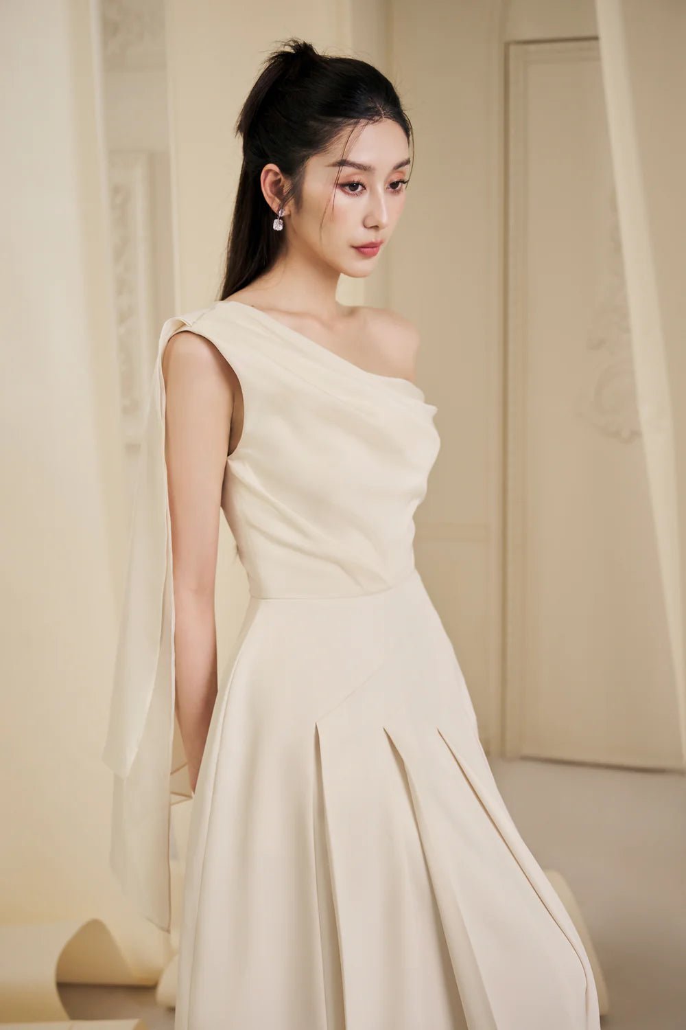 Hazel Pleated Asymmetric Sleeved Organza Voile Midi Dress - LARMES