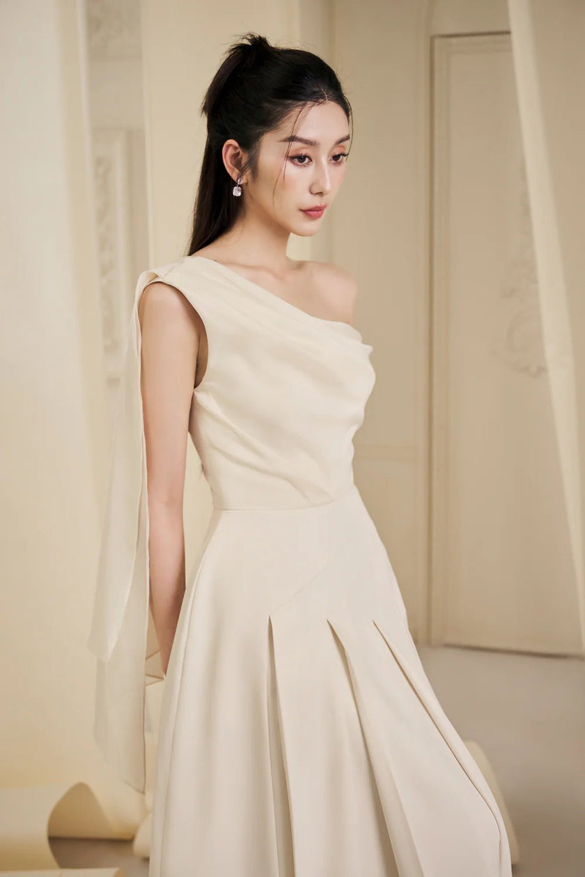 Hazel Pleated Asymmetric Sleeved Organza Voile Midi Dress - LARMES