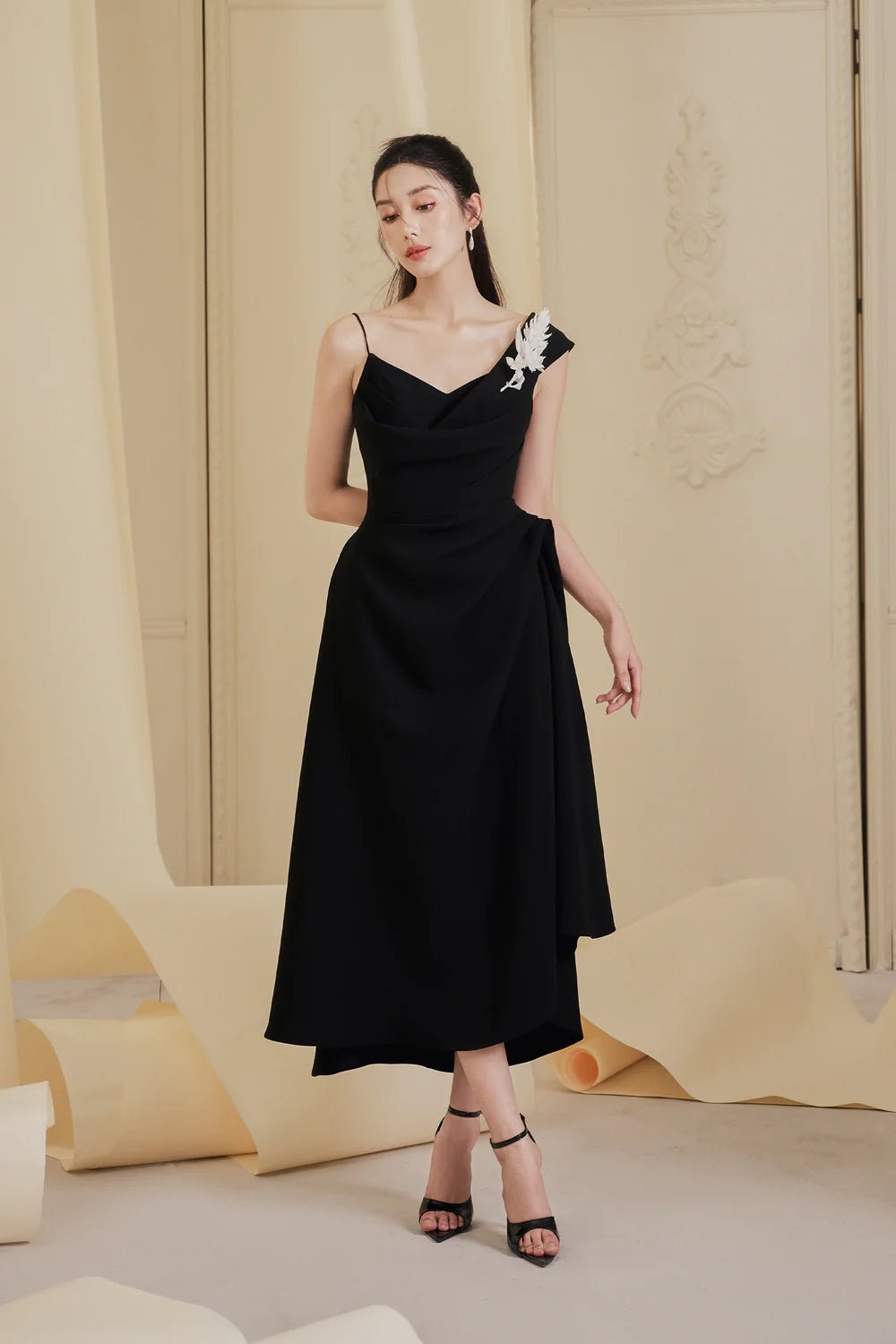 Lenora A - line Waist Pleated Cotton Spandex Midi Dress - LARMES