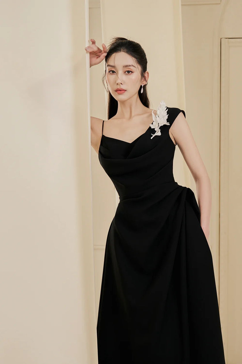 Lenora A - line Waist Pleated Cotton Spandex Midi Dress - LARMES