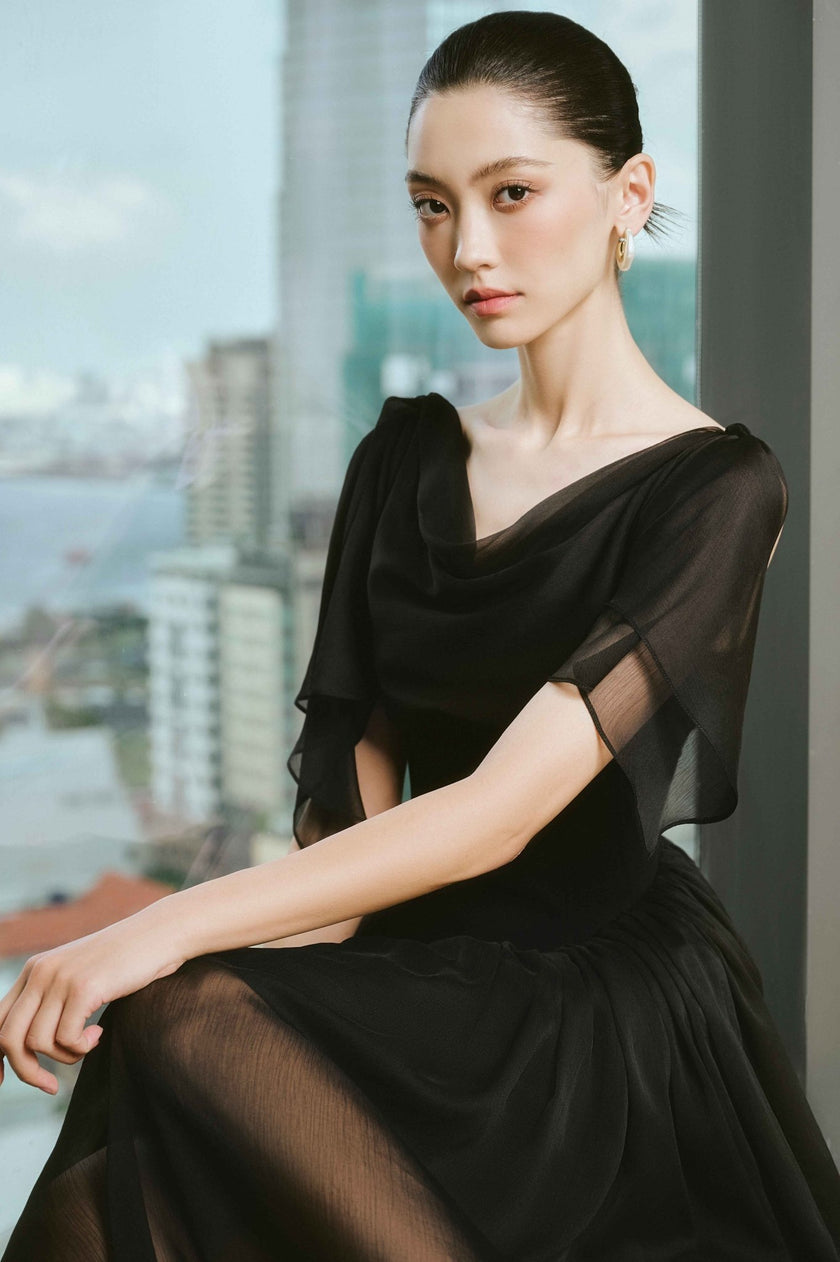 Mavolo Gathered Cowl Neck Modal Midi Dress - LARMES