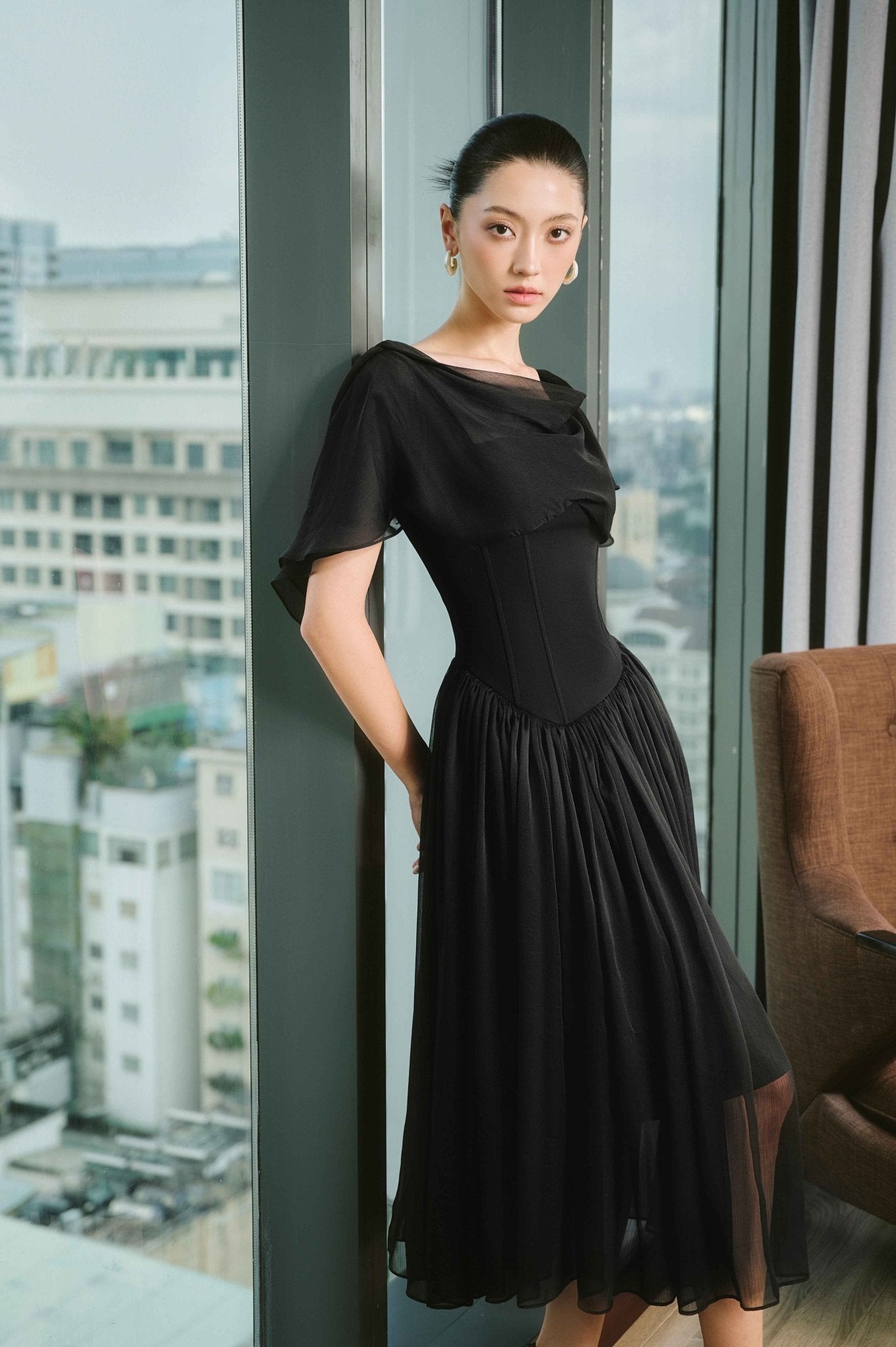 Mavolo Gathered Cowl Neck Modal Midi Dress - LARMES