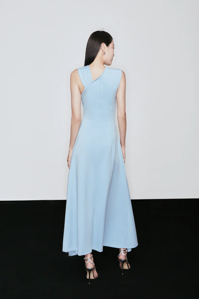 Nixie Slit Asymmetric Shoulder Cotton Spandex Ankle Length Dress - LARMES