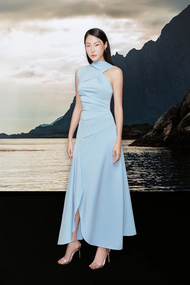 Nixie Slit Asymmetric Shoulder Cotton Spandex Ankle Length Dress - LARMES