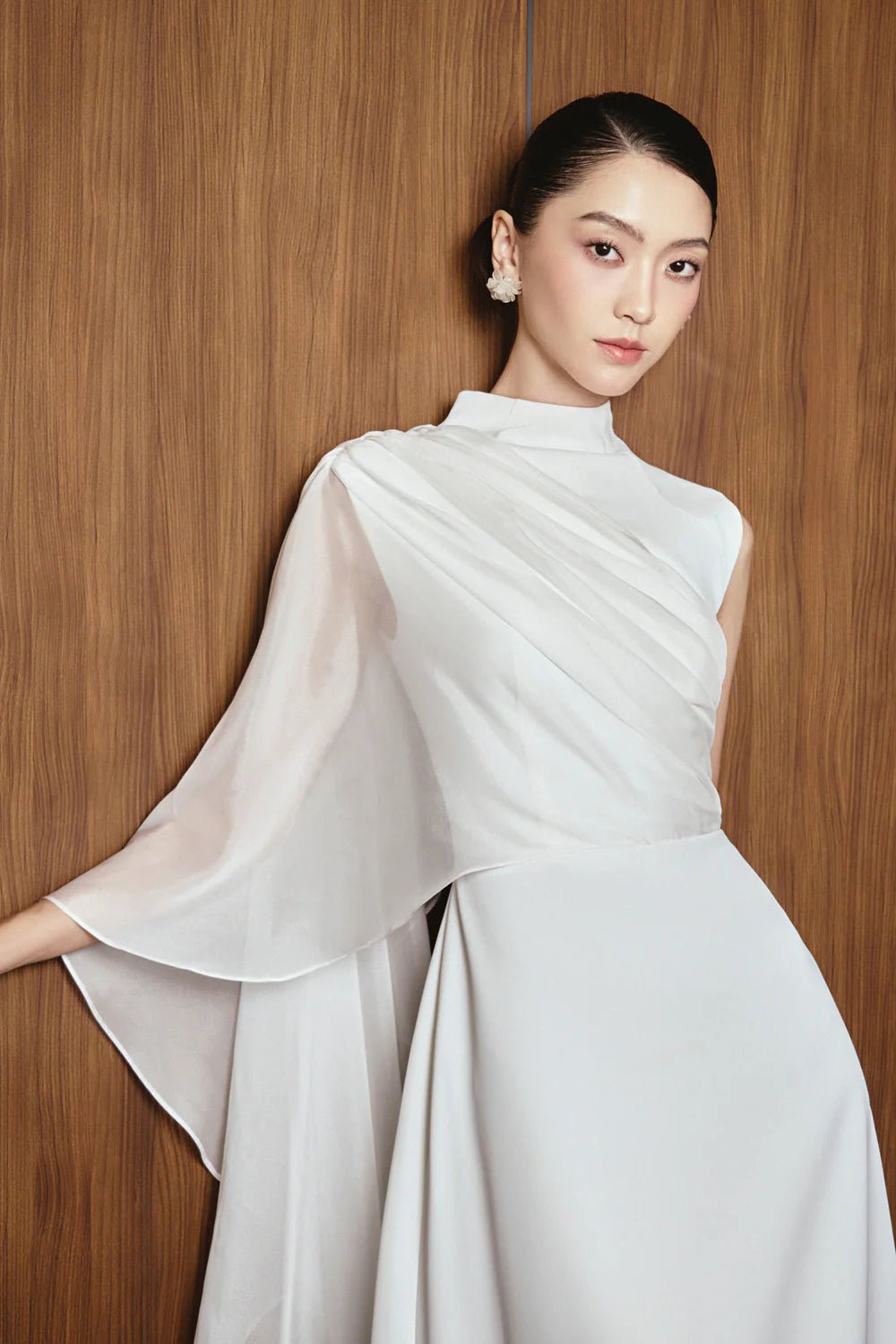 Odette A - line Asymmetric Sleeved Twill Midi Dress - LARMES