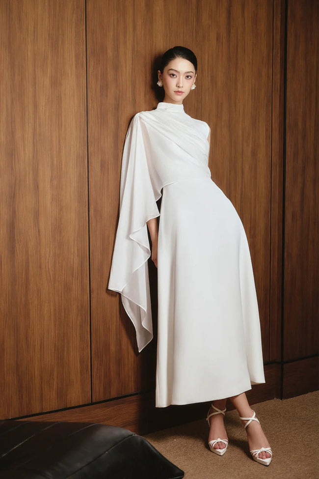 Odette A - line Asymmetric Sleeved Twill Midi Dress - LARMES