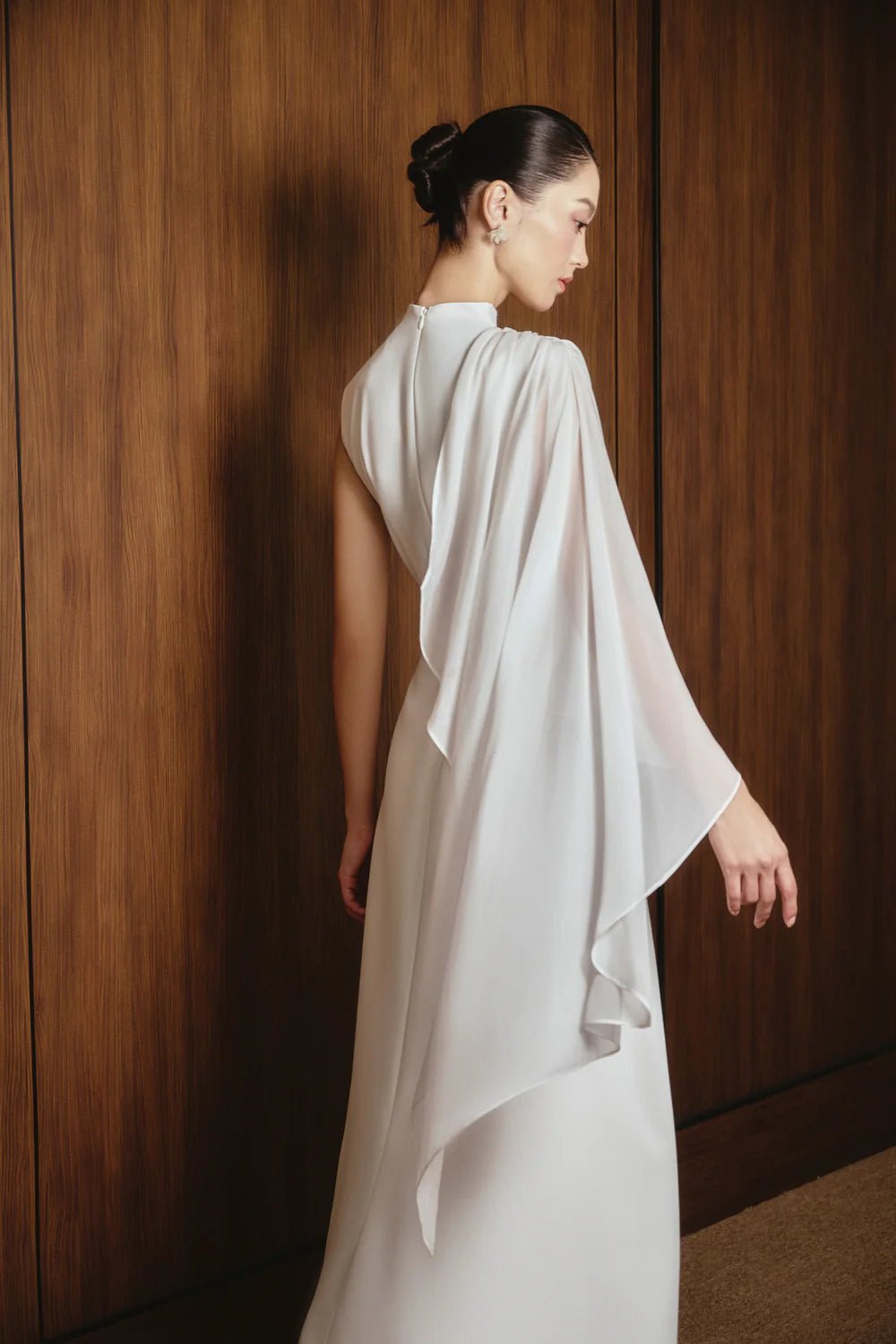 Odette A - line Asymmetric Sleeved Twill Midi Dress - LARMES