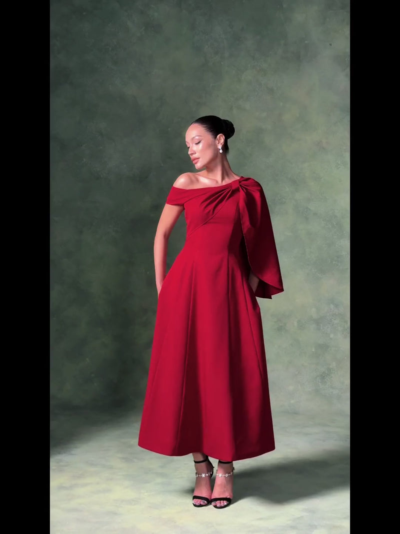 Cicely red A-line midi dress with draped shoulder, video – LARMES