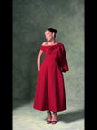 Cicely red A-line midi dress with draped shoulder, video – LARMES