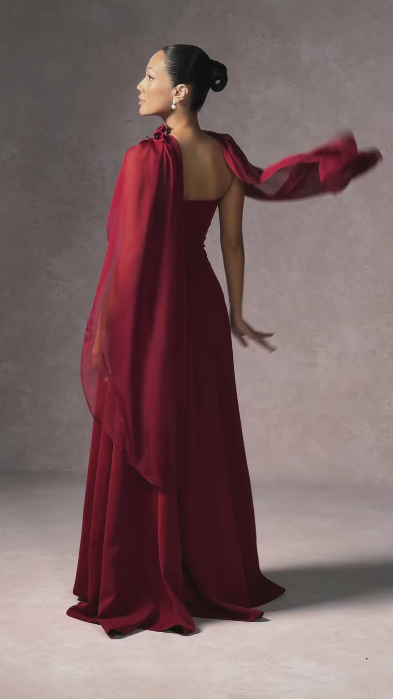 Habiba red evening gown with chiffon cape, video – LARMES