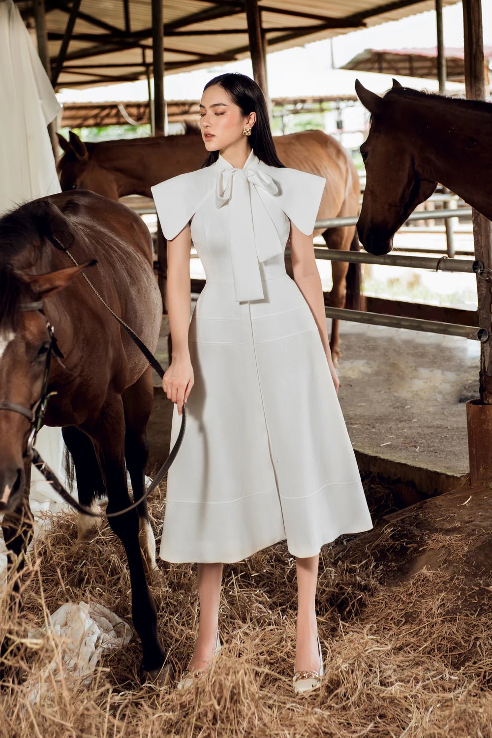 Rosette Bowtie Neck Dress - LARMES