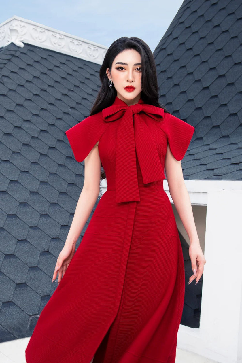 Rosette Bowtie Neck Dress - LARMES