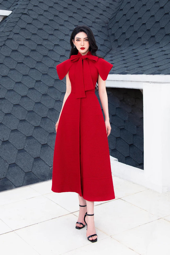 Rosette Bowtie Neck Dress - LARMES