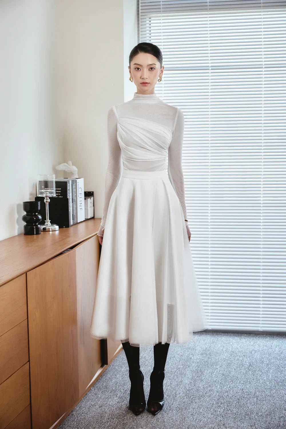 Sophia A - line Draped Tulle Midi Skirt - LARMES