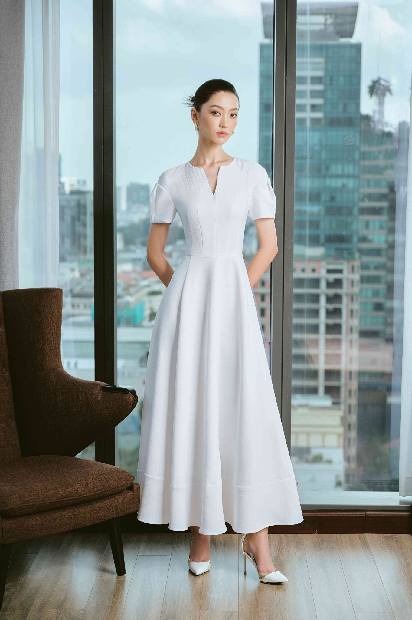 Veneta A - line Short Sleeved Polycotton Ankle Length Dress - LARMES