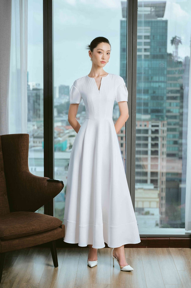 Veneta A - line Short Sleeved Polycotton Ankle Length Dress - LARMES